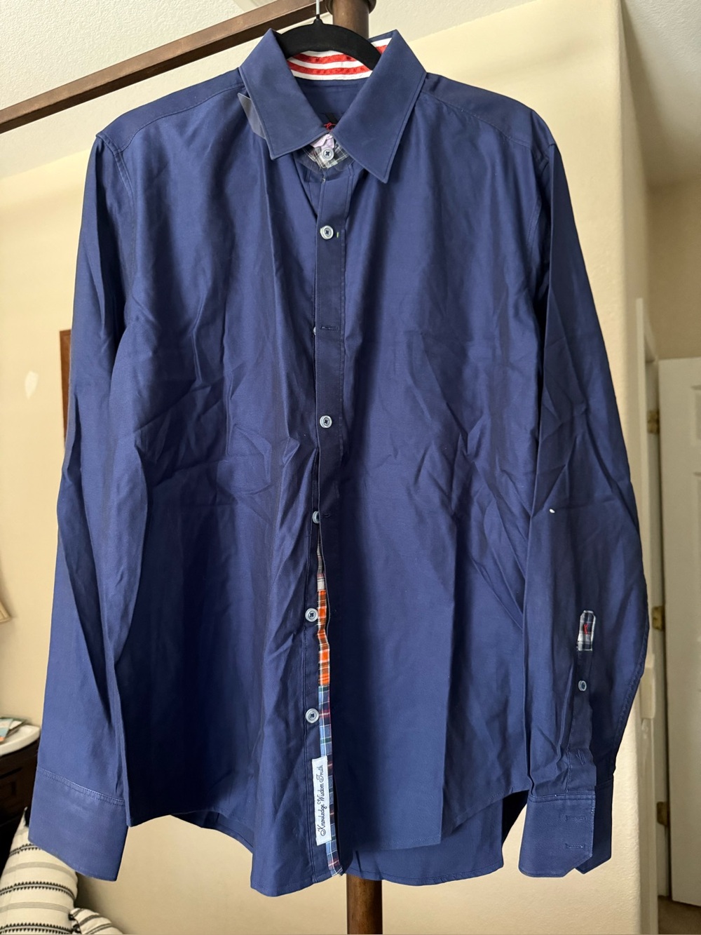 Robert Graham Navy Blue Long-Sleeve Dress Shirt with Plaid Trim